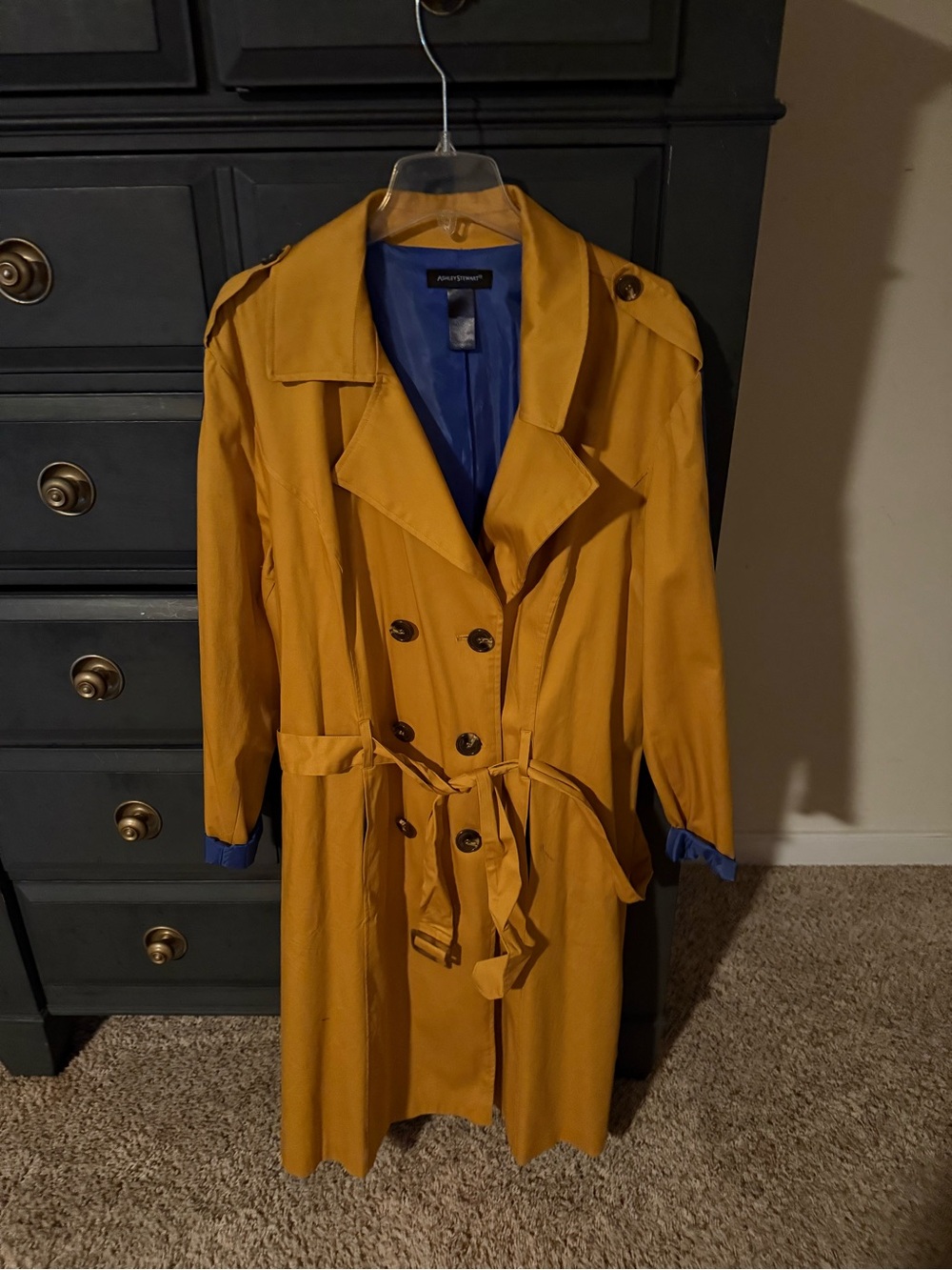 Ashley Stewart Mustard Yellow Trench Coat with Blue Strip on Sleeves Size 22/24